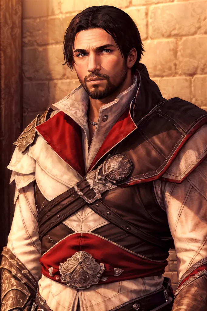 The image shows a man with dark hair and blue eyes. He is wearing a white shirt, a red vest, and a brown coat. He has a sword on his hip and a dagger in his belt. He is standing in front of a stone wall.