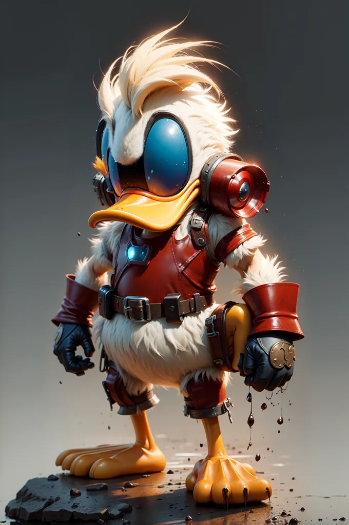 This is an image of a duck wearing a red and gray suit of armor. The duck has white feathers, blue eyes, and a yellow beak. It is standing on a brown rock. The duck is looking at the viewer with a determined expression. The background is a dark gray color.