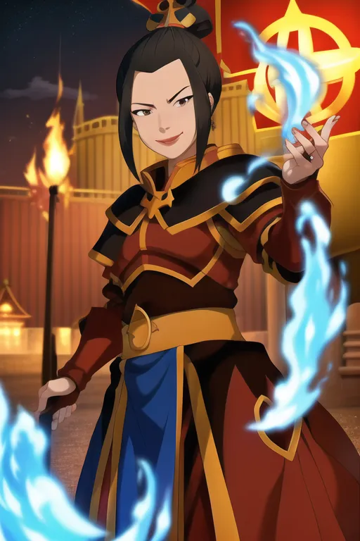 The image shows a young woman, Azula, from the animated television series Avatar: The Last Airbender. She is standing in a courtyard, with a city in the background. She is wearing a red and blue outfit, with a red and white sash, and has her hair in a bun. She is bending fire, with blue flames coming from her hands. She has a confident expression on her face.