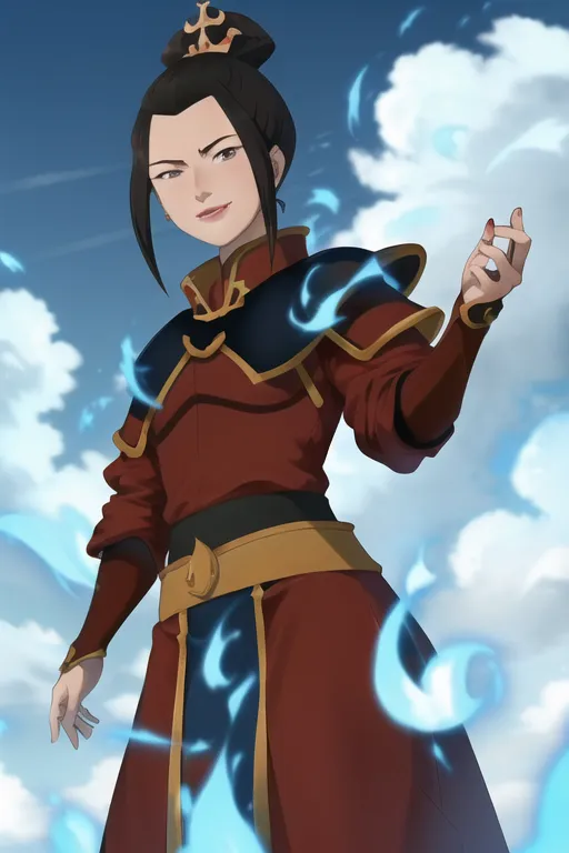 The image shows a young woman with long black hair tied in a bun. She is wearing a red and gold outfit with a white sash and a blue undershirt. She has a determined expression on her face and is surrounded by blue flames. The background is a light blue sky with white clouds.

The woman is Azula, a character from the animated television series Avatar: The Last Airbender. She is a powerful firebender and the daughter of Fire Lord Ozai. Azula is a complex and tragic character who is both feared and admired for her strength and ruthlessness.