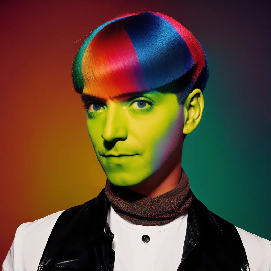 The image shows a person with green skin and multi-colored hair. The hair is cut in a bowl cut style. The person is wearing a white shirt and a black leather vest. The background is a gradient of red, orange, yellow, and green.