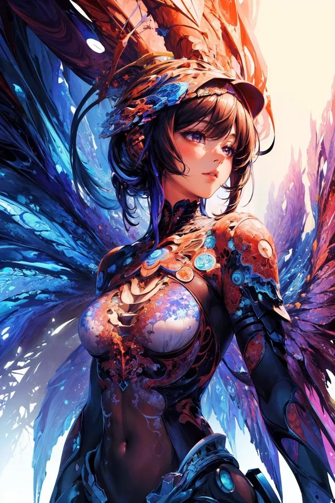 This is an image of a beautiful anime girl with long brown hair and blue eyes. She is wearing a revealing outfit with a lot of blue and orange. She has a wing-like structure made of blue and orange feathers coming out of her back.