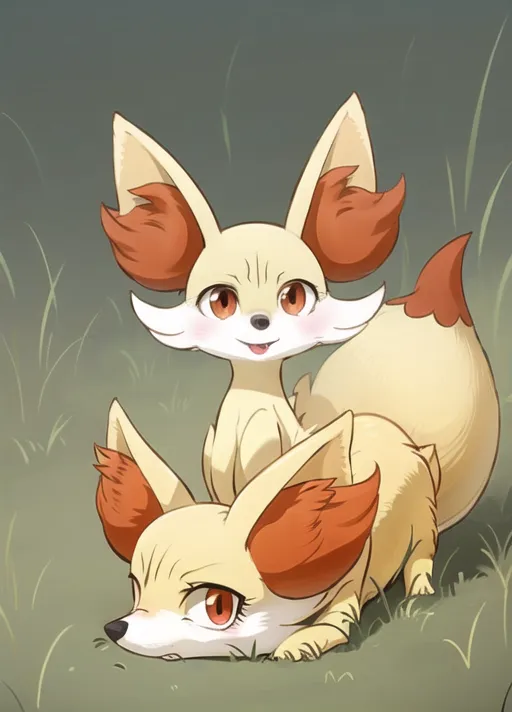 This image shows two cute cartoon fennec foxes. They have large ears and fluffy tails. The one on the left is sitting on its haunches with a curious expression on its face, while the one on the right is laying down with a sly expression on its face. Both have reddish-orange fur on their ears and tails, and cream-colored fur on their bodies. They are standing in a grassy field.