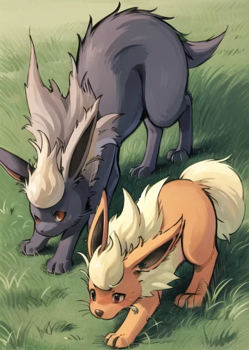 This image shows two quadrupedal mammalian Pokémon. The one on the left is black, gray, and white, with large, pointed ears and a long, bushy tail. It is looking at something off-screen with a curious expression on its face. The Pokémon on the right is orange and cream-colored, with large, floppy ears and a shorter, less bushy tail. It is also looking off-screen, but with a more serious expression on its face. Both Pokémon are drawn in a semi-realistic style, with soft shading and detailed fur textures. The background is a simple green field, which helps to make the Pokémon stand