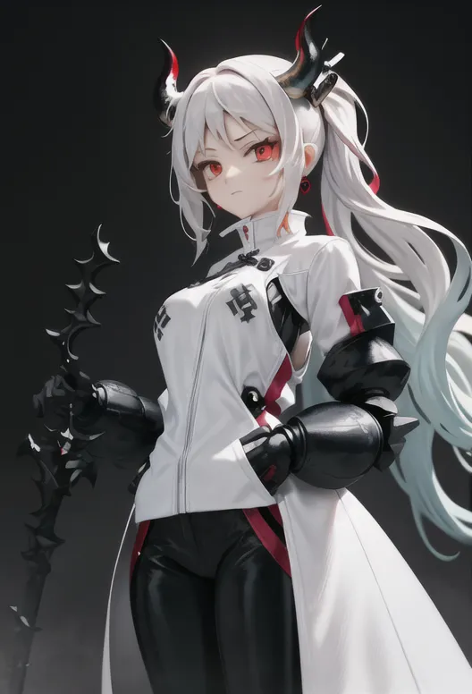 The image is of a young woman with white hair and red eyes. She is wearing a white and black outfit with a red tie. She has a serious expression on her face and is looking at the viewer. She is standing in a dark room with a spotlight shining down on her.