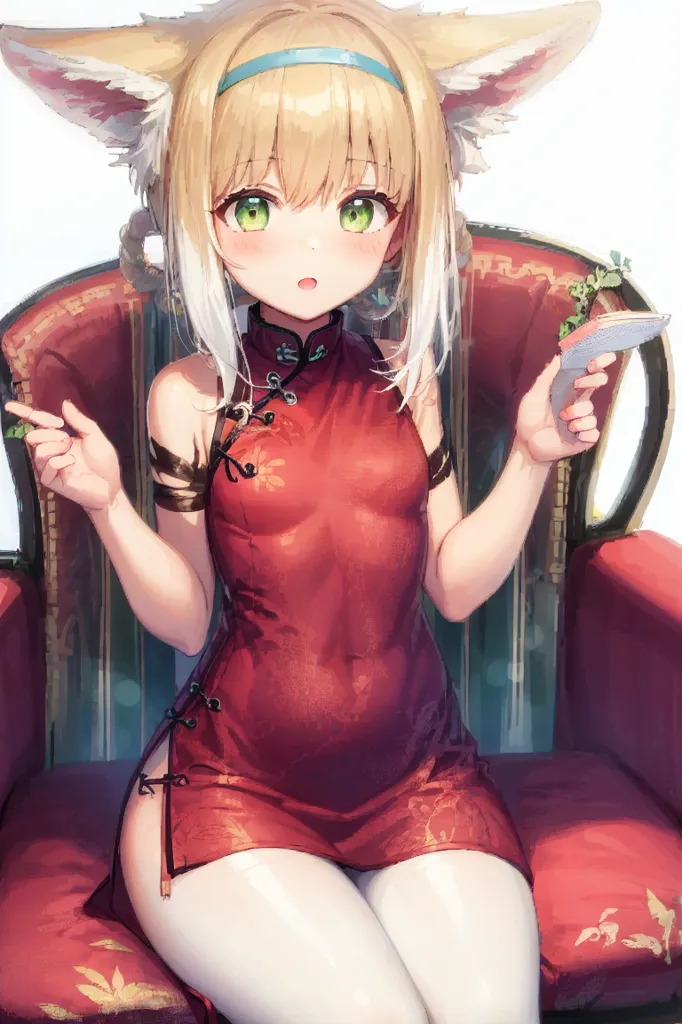 L'image représente une jeune femme aux longs cheveux blonds et aux oreilles de renard portant un cheongsam rouge. Le cheongsam a un col haut et est sans manches, avec une longue fente sur un côté. La femme est assise sur une chaise, tenant une tasse de thé d'une main et des baguettes de l'autre. L'arrière-plan est