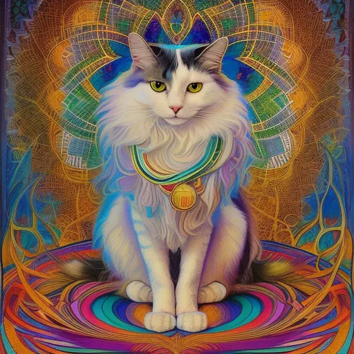 The image is a painting of a cat. The cat is sitting on a pedestal and is surrounded by a colorful background. The cat is white with gray patches on its face and paws. It has long, flowing fur and a golden collar with a pendant. The background is made up of a series of concentric circles in different colors. The circles are filled with intricate patterns and designs. The painting has a psychedelic or surreal feel to it.