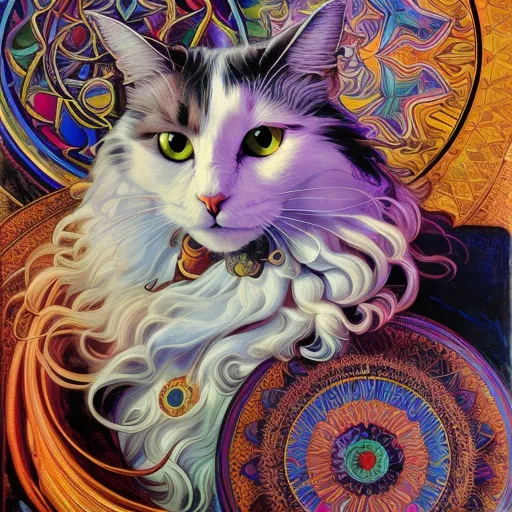 A imagem é uma pintura de um gato com pelos longos brancos e cinzentos. O gato está sentado em frente a um fundo laranja com acentos verdes e azuis. O gato tem olhos verdes e está usando um colar com um sino dourado. O gato está cercado por padrões simétricos e coloridos.