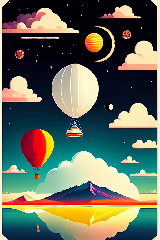 The image is a surreal landscape with a mountain, a lake, and hot air balloons. The sky is dark and there are stars and clouds. The mountain is in the background and is covered in snow. The lake is in the middle of the image and is surrounded by clouds. The hot air balloons are in the foreground and are flying over the lake. The image is very colorful and has a dreamlike quality.