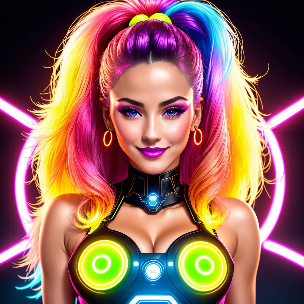 The image is a portrait of a young woman with rainbow hair. She is wearing a black outfit with green lights on it. She has a confident smile on her face and is looking at the viewer. Her hair is long and flowing, and she has a ponytail. She is also wearing hoop earrings. The background is dark with bright neon lights.