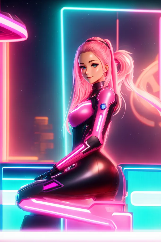 The image shows a young woman with pink hair and blue eyes. She is wearing a black and pink bodysuit with a high collar and a pink visor. She is also wearing a pair of black boots with pink soles. She is sitting on a ledge in front of a blue and pink background with bright lights on either side.