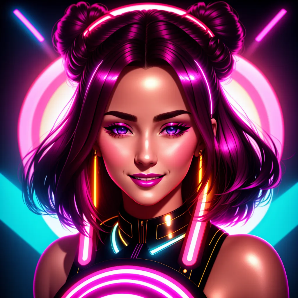 This is an image of a young woman, who looks to be in her early 20s, with pink hair and purple eyes. She is wearing a black and pink outfit and has a confident smile on her face. The background is dark with bright neon lights.