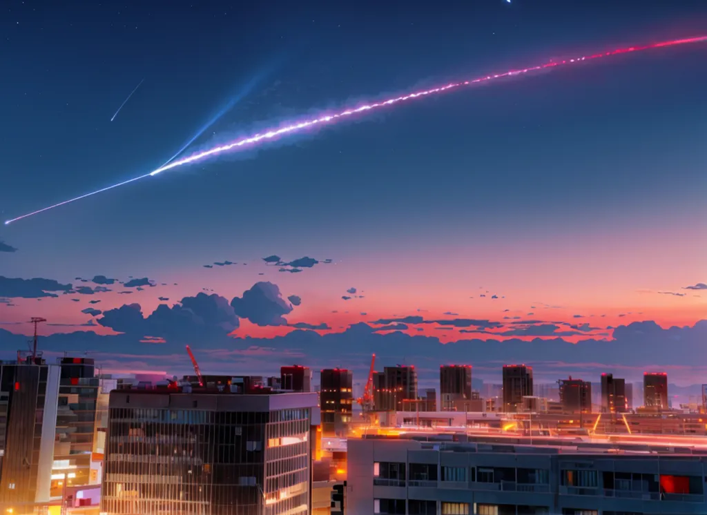 Gambar ini adalah pemandangan malam hari di sebuah kota. Langit gelap dan terdapat banyak bintang. Sebuah komet melintasi langit, meninggalkan jejak cahaya di belakangnya. Komet tersebut berwarna merah muda dan biru. Kota di bagian depan terdiri dari banyak gedung tinggi. Gedung-gedung tersebut diterangi dan terdapat banyak lampu di jalan-jalan. Ada juga beberapa pohon dan awan dalam gambar.