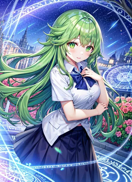 The image is an anime-style drawing of a girl with long green hair and green eyes. She is wearing a white shirt, a blue bow, and a black skirt. She is standing in a city street with a large clock tower in the background. There are also some flowers and trees in the background. The girl is smiling and has her hand on her chest. There is a magic circle around her with magical symbols floating around.