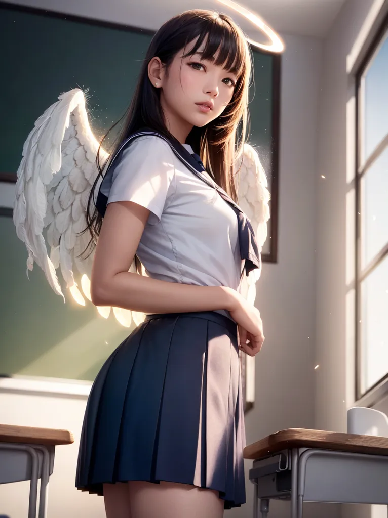 The image depicts a young woman with long dark hair and brown eyes. She is wearing a white blouse and a gray pleated skirt. She has a halo above her head and white feathered wings. She is standing in a classroom, with a blackboard and some empty desks behind her.