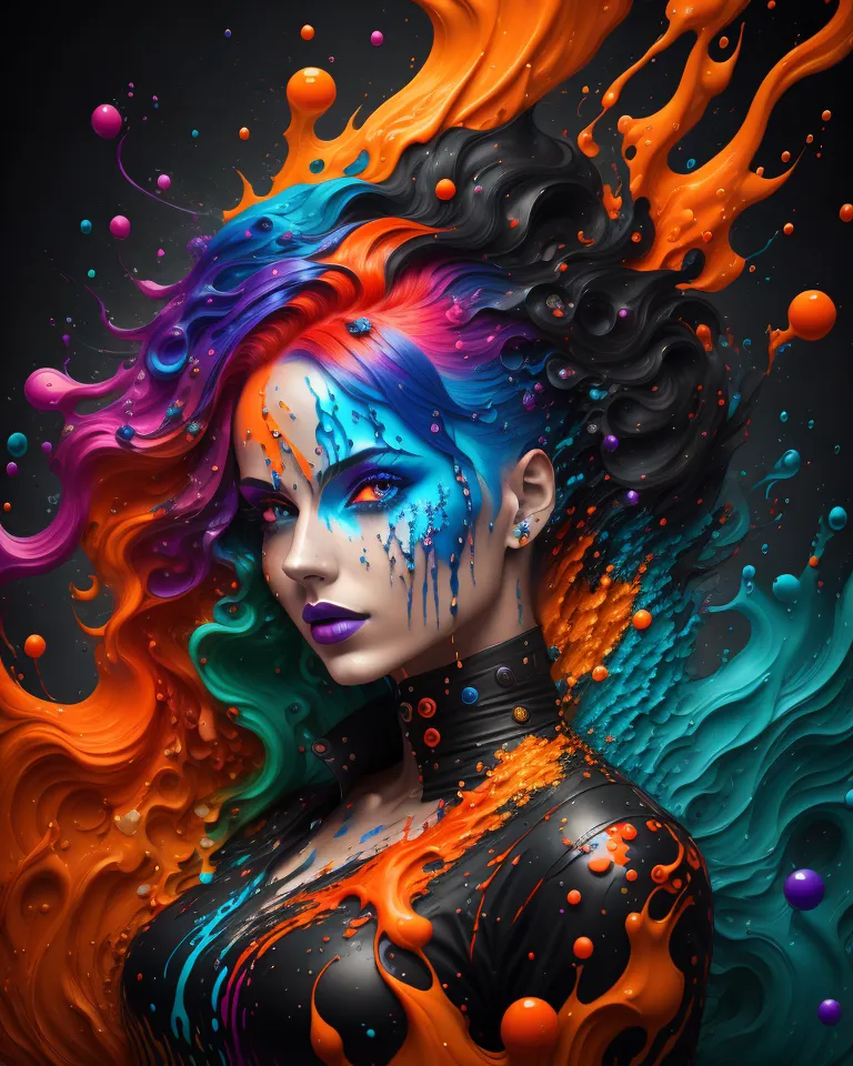 The image is a portrait of a woman with long, flowing hair that is a rainbow of colors. The colors are bright and vibrant, and the woman's hair looks like it is made of liquid. The woman's skin is pale and flawless, and her eyes are a deep blue color. She is wearing a black leather outfit, and her lips are painted a deep purple color. The background of the image is black, and there are colorful splashes of paint all around the woman. The image is very surreal and eye-catching, and it seems to capture the woman's personality perfectly.