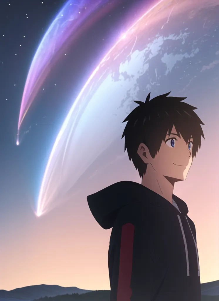 This is an image of a boy looking up at a comet in the night sky. The comet is large and bright, with a long tail that trails behind it. The boy is standing in a field, with a large tree in the background. The sky is dark, with a few stars visible. The boy is wearing a black hoodie and has short dark hair. He is smiling and has his eyes closed.