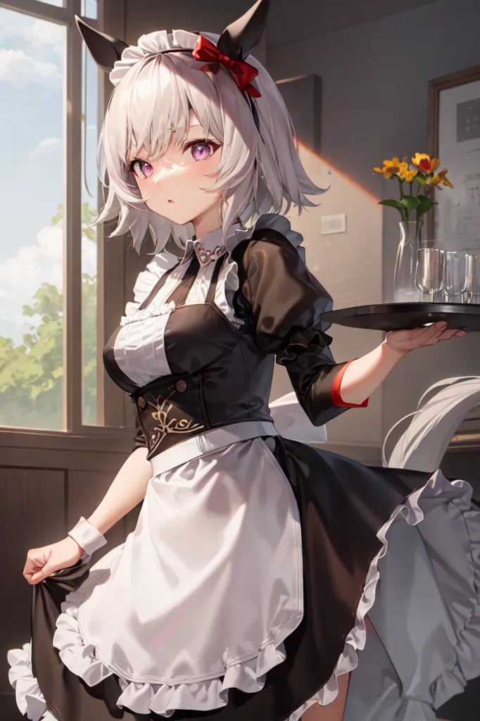 The image is a painting of a young woman with cat ears and a tail. She is dressed in a black and white maid outfit and is holding a tray with two glasses on it. The background is a blurry window with a view of the sky and some trees.