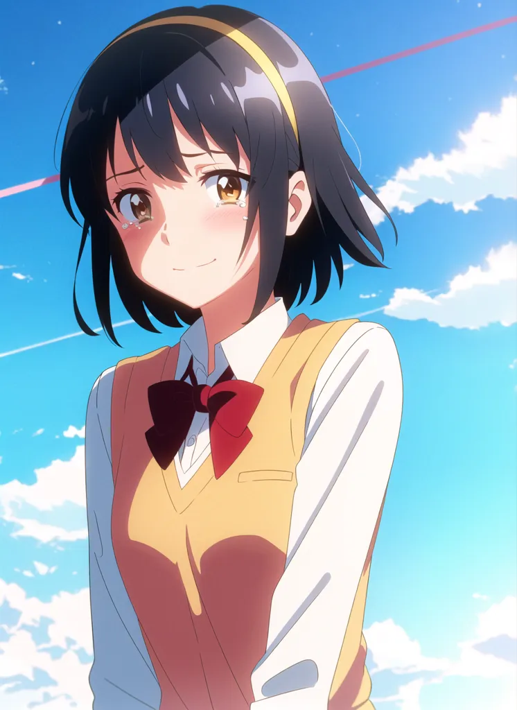 The image shows an anime-style girl with short black hair and brown eyes. She is wearing a yellow sweater vest and a red bow tie. She has a tear in her eye and is looking down. The background is a blue sky with white clouds.