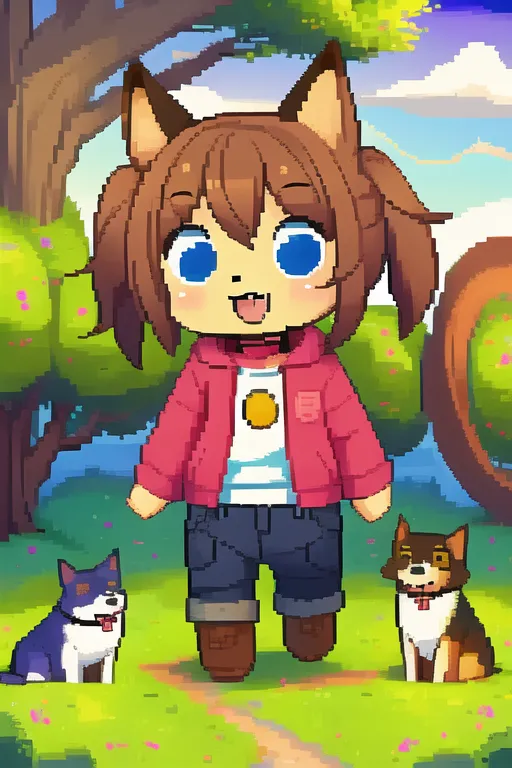 A imagem é uma ilustração pixelizada de uma garota de anime com cabelos castanhos e olhos azuis. Ela está usando um casaco rosa, uma camisa branca e jeans azuis. Ela tem uma expressão feliz no rosto e está rodeada por dois cachorros. A garota está em pé em um campo de grama com árvores verdes ao fundo. A imagem é brilhante e colorida e tem uma atmosfera alegre.