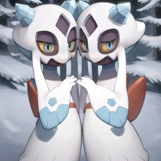 The image shows two Pokémon, which are fictional creatures from the Pokémon franchise. They are both white with blue and red details. They have large heads with yellow eyes and sharp teeth. They are standing on a snowy field and are looking at each other