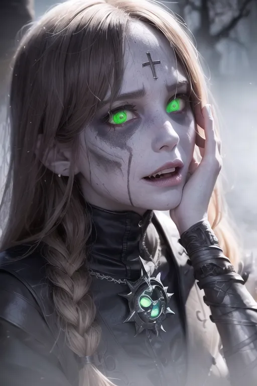 The picture shows a beautiful, pale-skinned woman with long, dirty blonde hair and bright green eyes. She is wearing a black leather corset with a silver cross on her chest and a silver necklace with a green gem in the center. Her right hand is on her cheek, and she looks like she is crying. There is a dark background with a hint of a forest scene behind her.