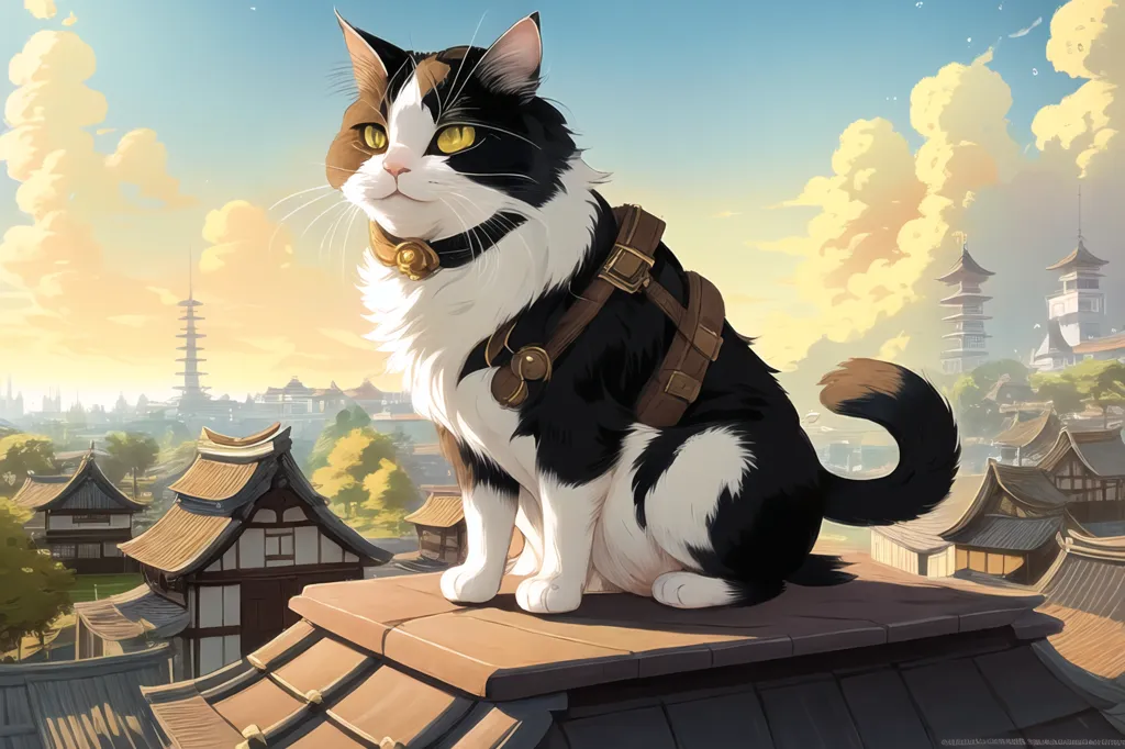 The image is a digital painting of a cat sitting on a rooftop in a Japanese city. The cat is black and white with yellow eyes and is wearing a red collar with a bell. The city is in the background and is made up of traditional Japanese buildings and a pagoda. The sky is blue and there are some clouds in the distance. The image is very detailed and the artist has used a variety of techniques to create a realistic and atmospheric scene.