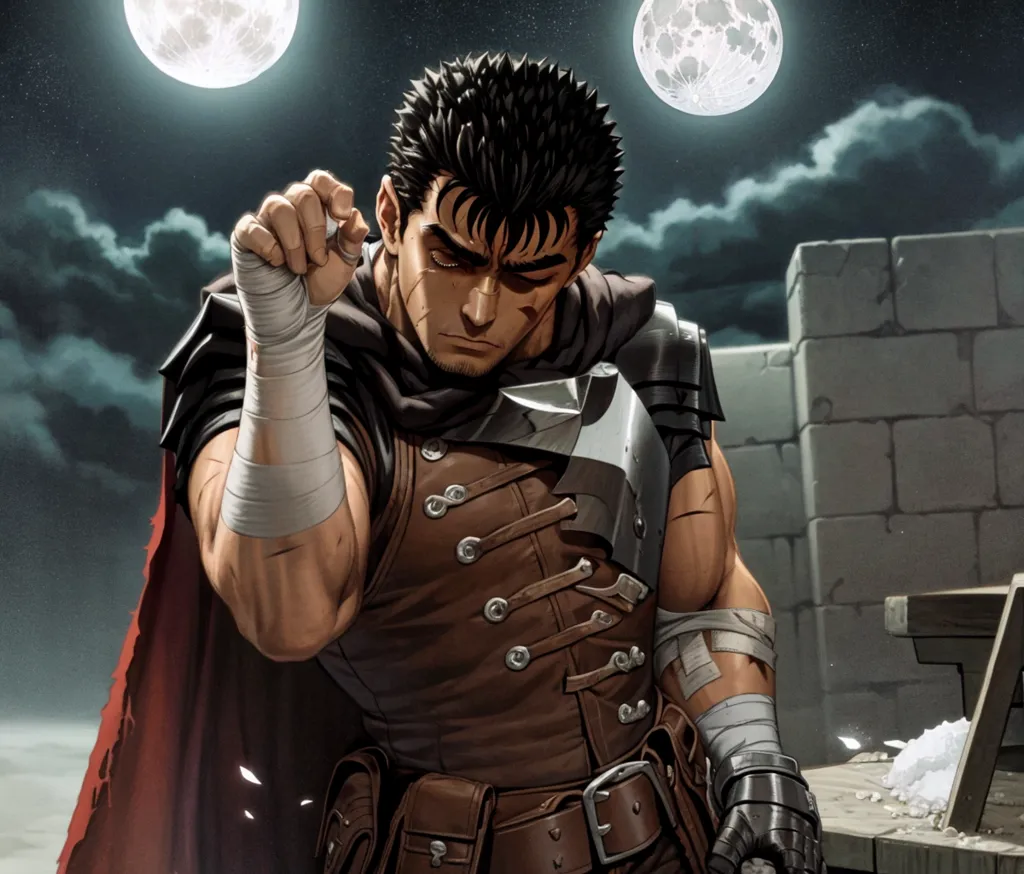 Guts es un personaje del manga y anime Berserk. Es un hombre alto y musculoso con un rostro lleno de cicatrices y un ojo izquierdo perdido. Lleva un traje de cuero negro y una capa, y porta una espada grande. Es conocido por su inmensa fuerza y su habilidad con la espada.