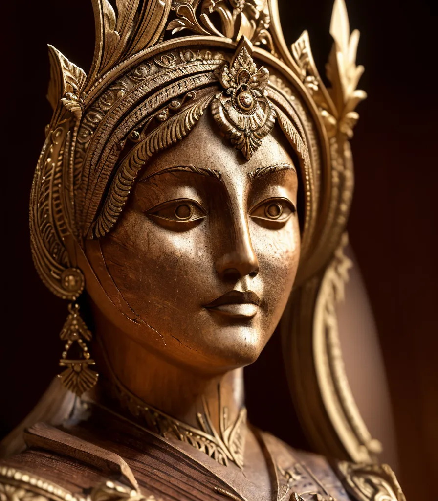 A imagem mostra uma estátua dourada de uma mulher. A mulher está usando uma coroa e tem uma expressão serena no rosto. A estátua é feita de ouro e é muito detalhada. A mulher está usando um vestido tradicional indiano e tem um bindi na testa. A estátua provavelmente é uma representação de uma deusa hindu.