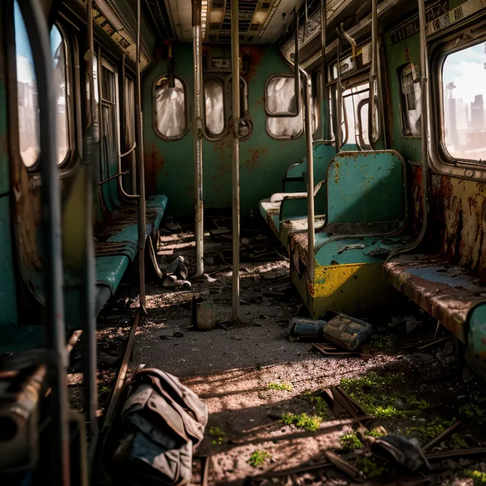 A imagem mostra um vagão de metrô abandonado e em ruínas. Os assentos estão cobertos de poeira e teias de aranha, e o chão está repleto de lixo. Há uma mochila no chão e as janelas estão sujas. O vagão está em estado de deterioração e parece ter sido abandonado há algum tempo.