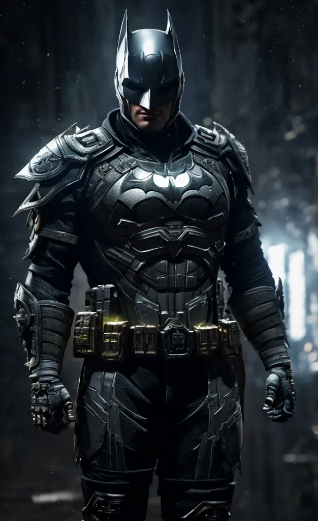 The image shows Batman, a fictional superhero appearing in American comic books published by DC Comics. He is shown wearing a black and gray Batsuit with a yellow utility belt. The Batsuit is made of a fictional material called \