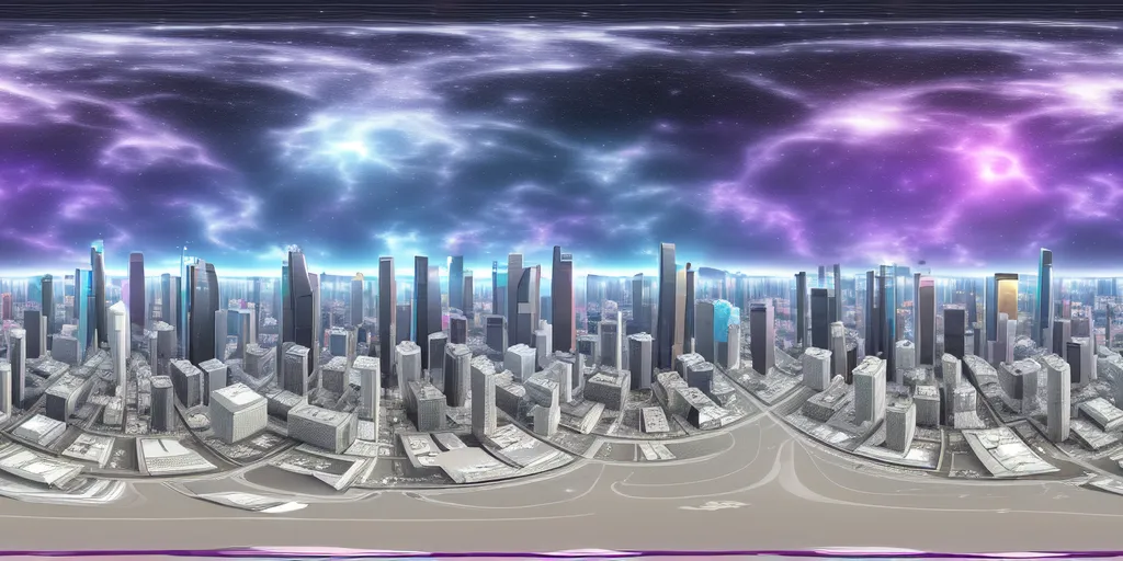 A imagem é um panorama de 360 graus de uma cidade futurista. A cidade é composta por arranha-céus altos, com alguns edifícios menores entre eles. Os edifícios são todos feitos de vidro e metal, e estão muito próximos uns dos outros. A cidade é iluminada por luzes brilhantes e há nuvens no céu.