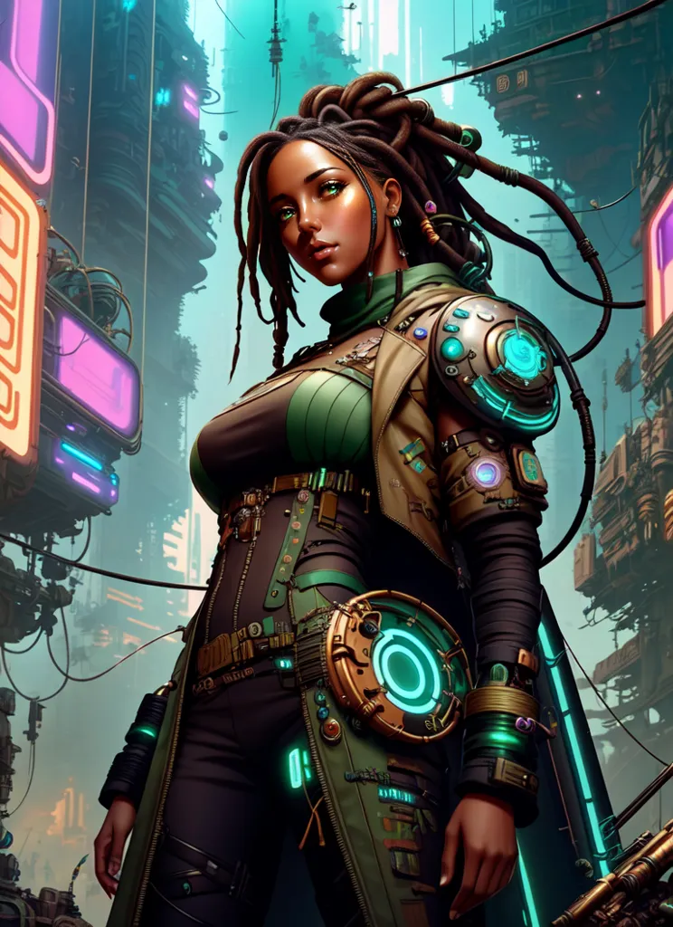 This is an image of a black woman with dreadlocks and brown eyes. She is wearing a black and green outfit with a white circle on her belt. She is standing in a futuristic city with tall buildings and neon lights.
