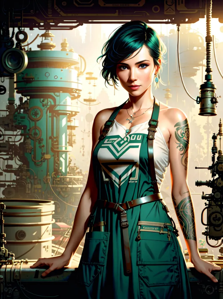 This is an image of a young woman standing in front of a steampunk machine. The woman is wearing a white tank top, green overalls, and a brown belt. She has short blue hair and tattoos on her arms. She is looking at the camera with a serious expression. The machine behind her is made of metal and has pipes and gauges all over it. There are also some green lights on the machine.