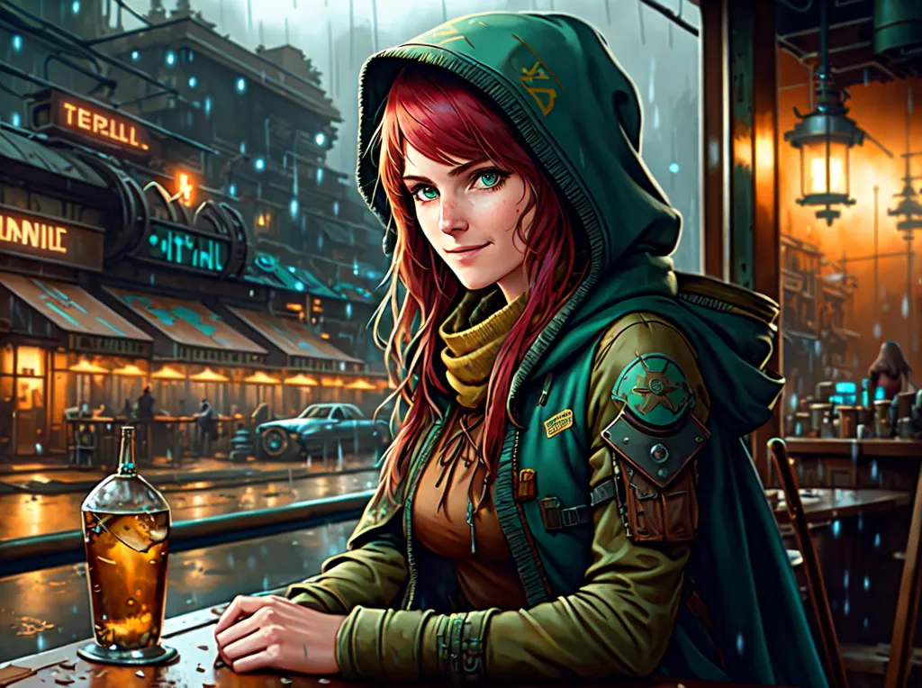 A woman with red hair and green eyes is sitting in a bar. She is wearing a green jacket and a brown scarf. She has a drink in front of her. The bar is decorated with neon lights and there are people sitting at other tables. It is raining outside.
