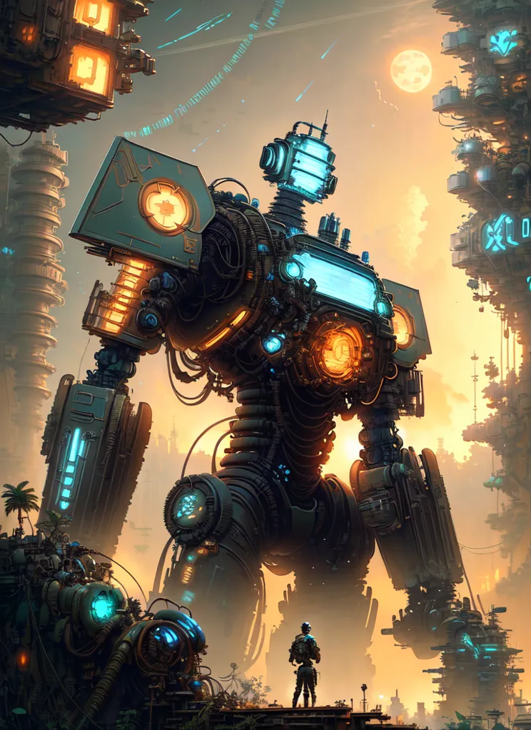 The image shows a giant robot standing in a city. The robot is made of metal and has a lot of wires and tubes coming out of it. It is also has a large glowing eye in the center of its chest. The city is made up of tall buildings and there are a lot of flying cars in the air. The sky is orange and there are two moons in the sky.