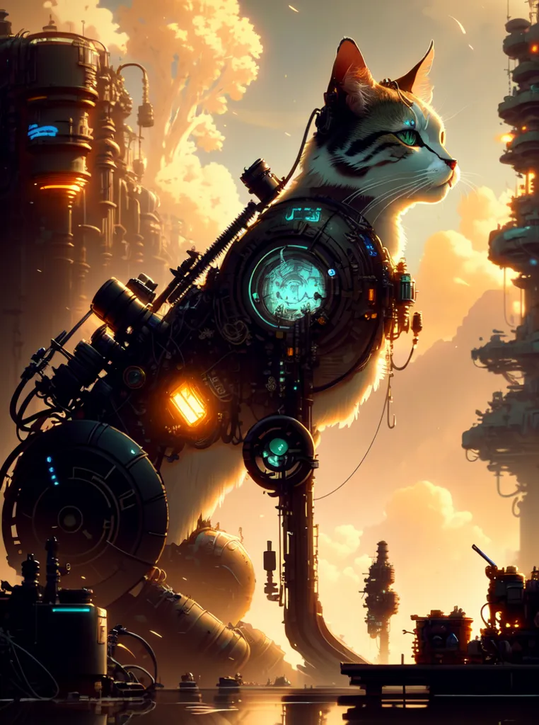 The image is a digital painting of a cat in a steampunk setting. The cat is standing on a metal platform, and is surrounded by pipes, gears, and other machinery. The cat is wearing a metal harness, and has a glowing blue eye. The background is a cityscape, with tall buildings and towers. The sky is orange and there are clouds.