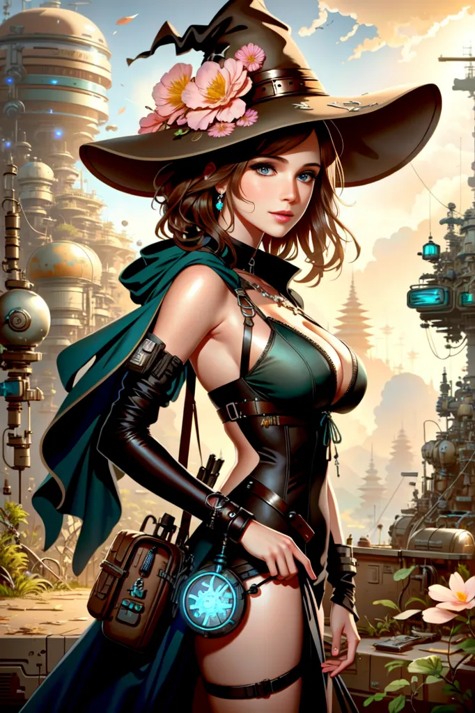 The image is of a beautiful young woman dressed in a witch's hat and corset. She is standing in a futuristic city with tall buildings and strange machines. The woman has long brown hair, blue eyes, and a fair complexion. She is wearing a black corset with a green skirt and a brown leather belt. She also has a brown leather bag slung over her shoulder. The woman is holding a staff in her right hand. The staff is made of wood and has a crystal on the end. The woman is looking at the viewer with a confident expression.