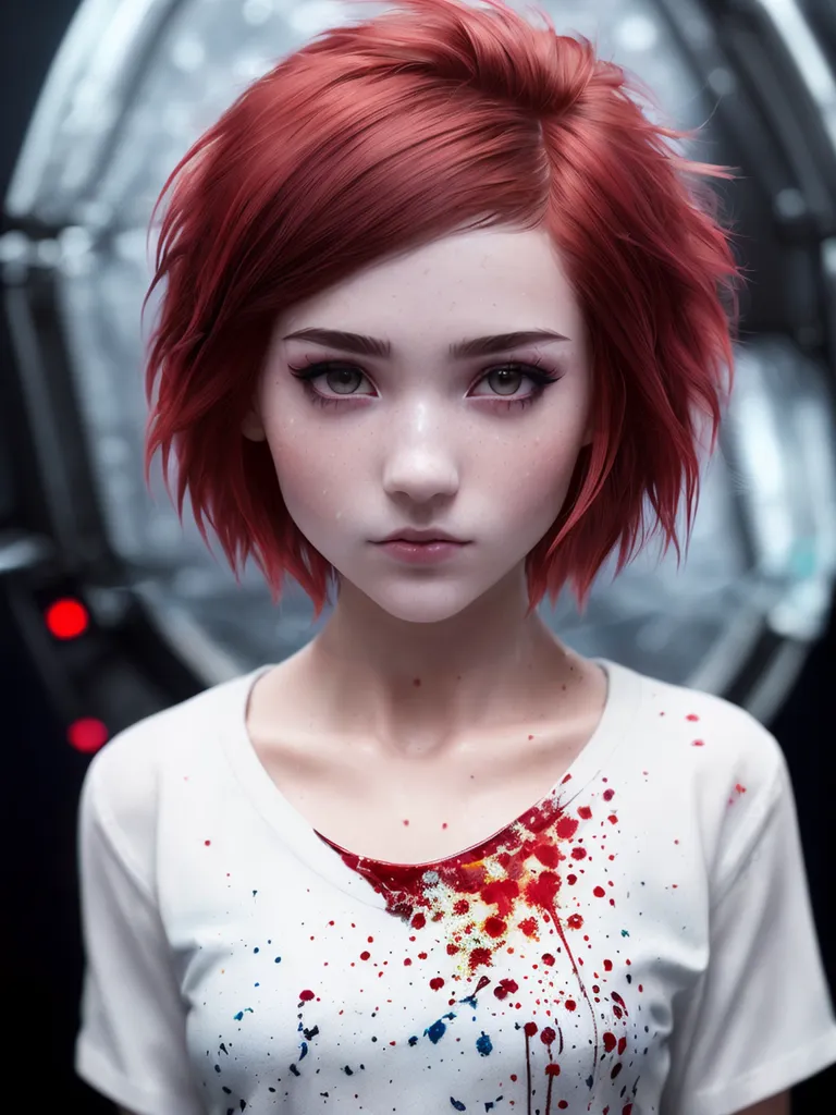 This is an image of a young woman with red hair and brown eyes. She is wearing a white shirt that is stained with red paint. She has a serious expression on her face. She is standing in front of a large metal door.