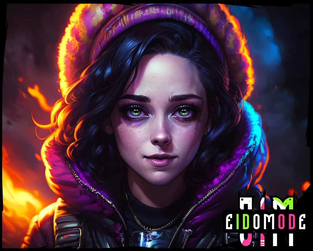 This is an image of a young woman, she has short dark hair and green eyes. She is wearing a purple and black jacket with a fur-lined hood. The background is dark with bright red and yellow flames.