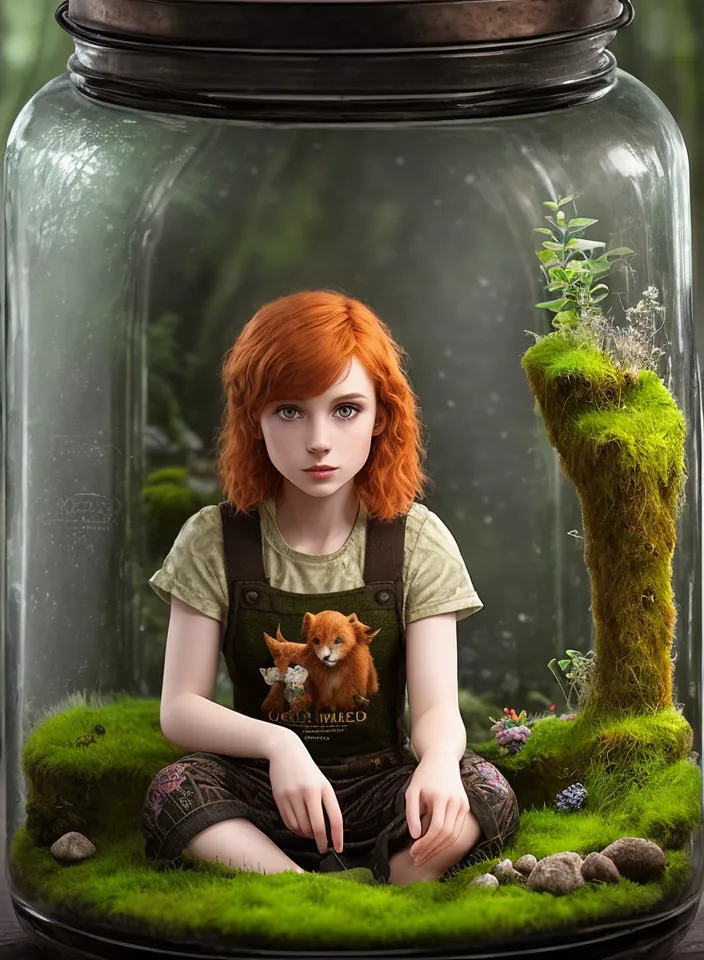 This image shows a girl with long red hair and green eyes sitting in a large glass jar. She is wearing a green t-shirt and brown pants. The jar is filled with green moss, grass, and other plants. There is a small tree growing in the back of the jar. The girl is looking at the camera with a sad expression on her face.