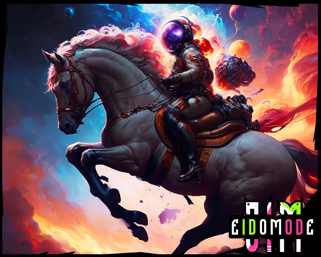 The image is a painting of an astronaut riding a horse. The astronaut is wearing a spacesuit and a helmet with a visor. The horse is white and has a long, flowing mane and tail. The background is a colorful nebula with bright, swirling clouds of gas and dust. There are also several planets and stars in the background. The painting is done in a realistic style and the colors are vibrant and saturated.