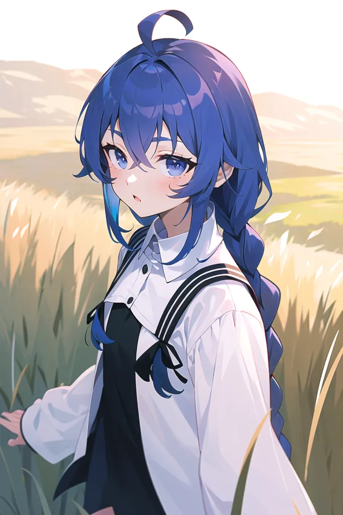 The image is a portrait of a young woman with blue hair and purple eyes. She is wearing a white shirt and a black vest. She is standing in a field of wheat, and she has a gentle smile on her face. The image is drawn in a realistic style, and the colors are vibrant and lifelike.