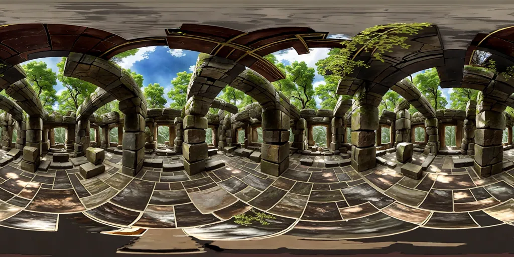 The image shows the interior of a ruined temple. The temple is made of gray stone and has large, arched openings. The floor is covered in broken tiles. The walls are covered in moss and vines. The temple is surrounded by trees and the sky is blue with a few white clouds in the distance.