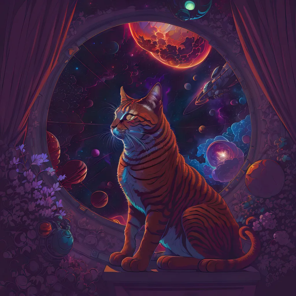 A imagem é uma pintura de um gato sentado no peitoril de uma janela. O gato está olhando pela janela para uma bela vista do espaço. Há planetas, estrelas e uma nave espacial ao fundo. As cores da pintura são vibrantes e saturadas. A pintura tem uma qualidade onírica.