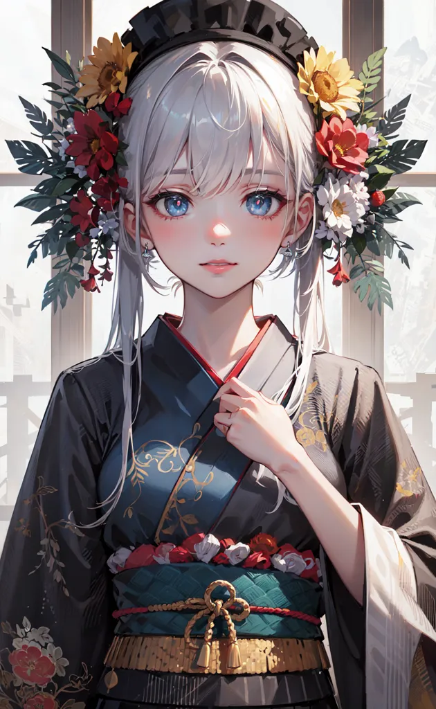 A imagem é de uma jovem mulher com cabelos brancos longos e olhos azuis. Ela está usando um quimono preto com um obi vermelho e branco. O quimono é decorado com fios de ouro e prata. Ela também está usando um haori, um casaco tradicional japonês. O haori é preto com um padrão floral branco. Ela está em pé em frente a um fundo branco. Há flores em seu cabelo e em torno de seu pescoço. As flores são vermelhas, brancas e amarelas.