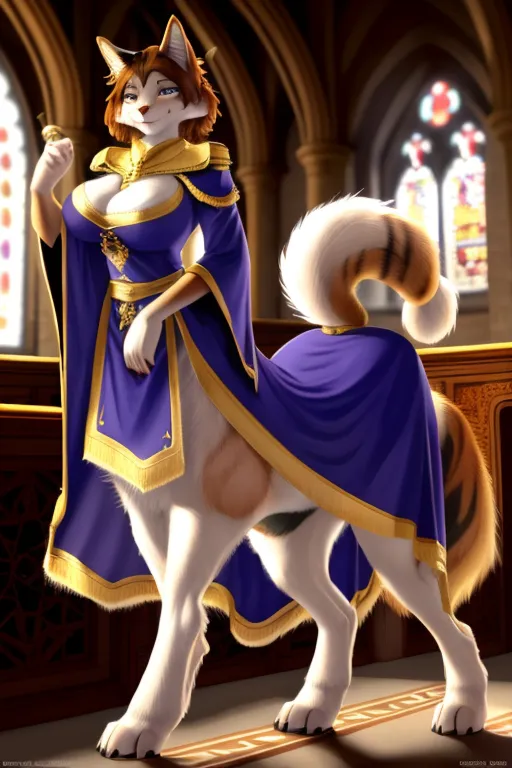 The image is a painting of a cat centaur woman. She is wearing a purple and gold dress with a long train. The dress is low-cut, showing off her cleavage. She has a gold necklace around her neck and a gold crown on her head. She is standing in a church, with stained glass windows and wooden pews. There is a red carpet on the floor.