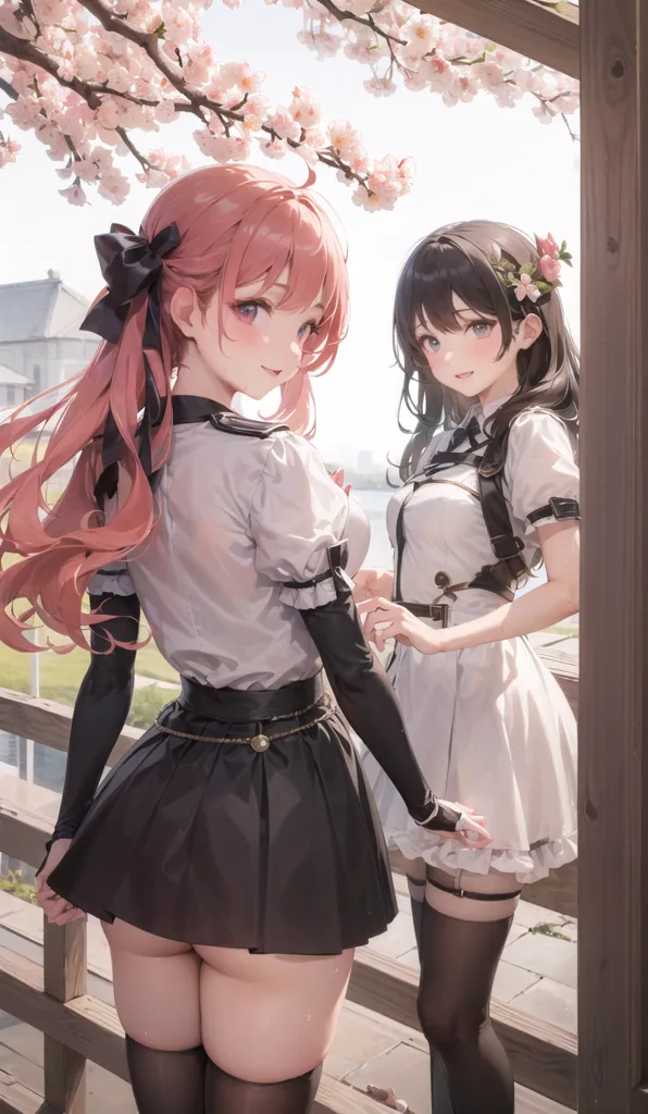 The image depicts two young women standing on a wooden balcony. The woman on the left has long pink hair tied in a large bow, while the woman on the right has medium-length dark hair with a pink flower hairpin. They are both wearing white blouses and black skirts. The woman in the pink bow has a black belt, while the woman in the flower hairpin has a brown belt. They are both wearing black stockings and brown shoes. The woman in the pink bow is slightly taller than the woman in the flower hairpin. They are both smiling at the viewer. In the background, there is a tree with pink flowers.