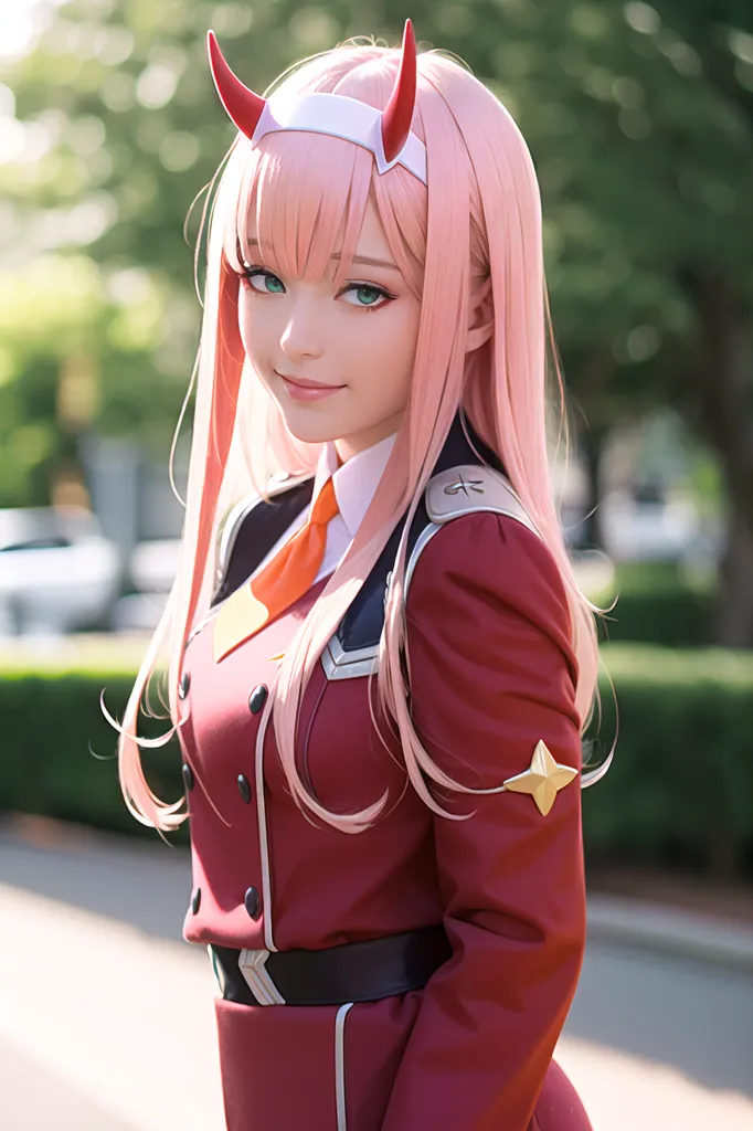 The image is a photo of a young woman dressed in a red military-style uniform with pink hair. She is standing in a park, surrounded by trees. The woman is smiling at the camera. She has a confident expression on her face. The image is taken from a low angle, which makes the woman look taller and more imposing. The background is blurred, which helps to focus attention on the woman. The image is well-lit, which brings out the colors of the woman's uniform and hair. The woman is wearing a white headband with red horns. The headband has a small red star on the front. The woman's hair is long and straight, and it is parted in the middle. She has green eyes and long, black eyelashes. The woman's skin is pale and flawless. She is wearing a red tie and a black choker. The woman's uniform is double-breasted and has gold buttons. The uniform has a white collar and a black belt. The woman's skirt is short and pleated. She is wearing black boots. The woman is standing with her feet shoulder-width apart. Her arms are relaxed at her sides. She is looking directly at the camera. The woman has a confident smile on her face. She is wearing a small, smug smile. The image is a portrait of a young woman who is confident and proud. She is dressed in a military-style uniform, which suggests that she is a member of the military. The woman's hair is pink, which is a symbol of youth and innocence. The woman's smile is confident and smug, which suggests that she is proud of herself and her accomplishments. The image is well-lit, which brings out the colors of the woman's uniform and hair. The background is blurred, which helps to focus attention on the woman. The image is taken from a low angle, which makes the woman look taller and more imposing.