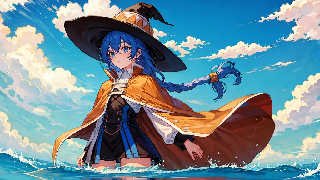 This is an image of a young girl standing in the ocean. She is wearing a witch's hat and a yellow cape. The girl has blue hair and blue eyes. She is looking at the viewer with a serious expression. The ocean is calm and there are clouds in the sky.